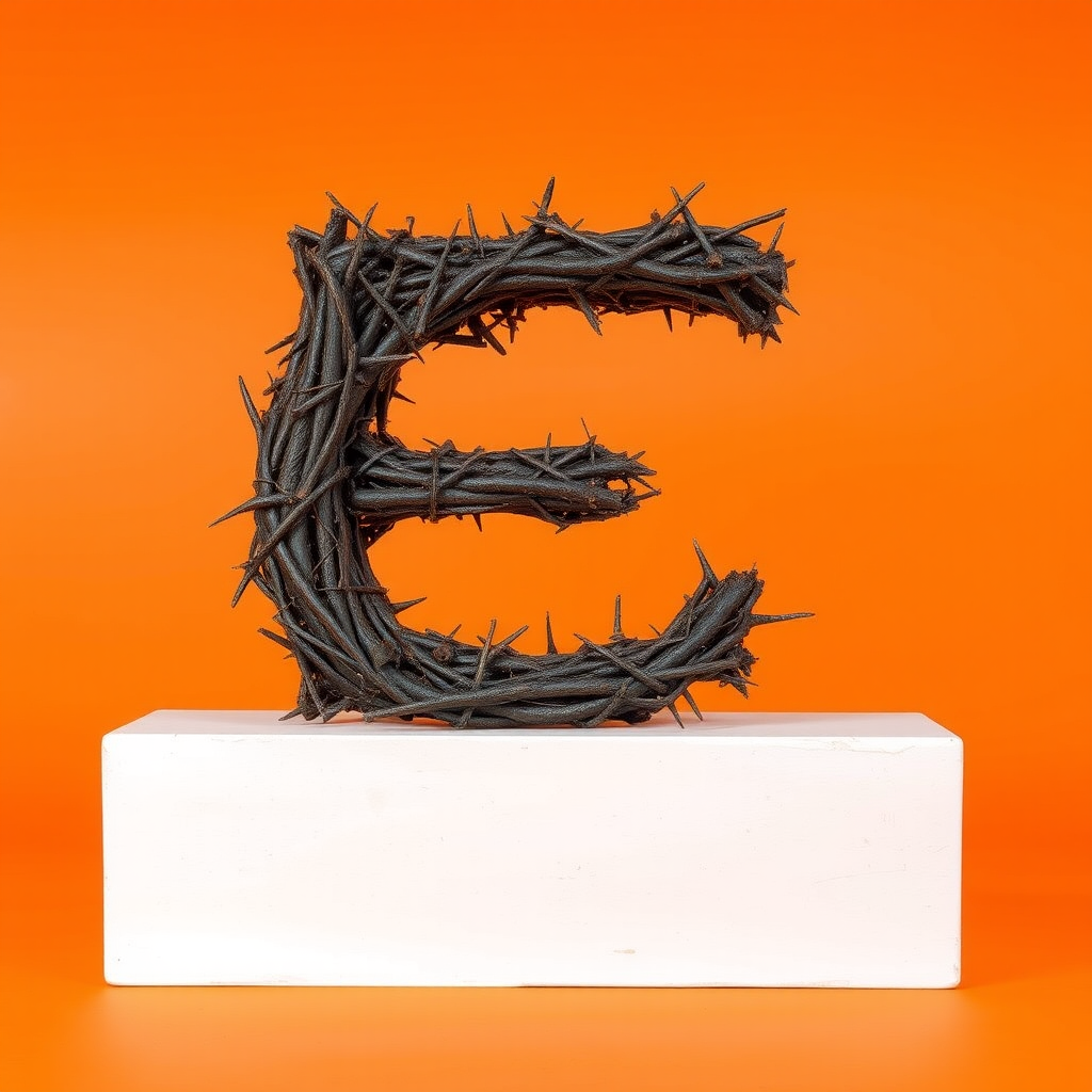 A big letter "E" made of thorns on an orange background, realistic photograph.