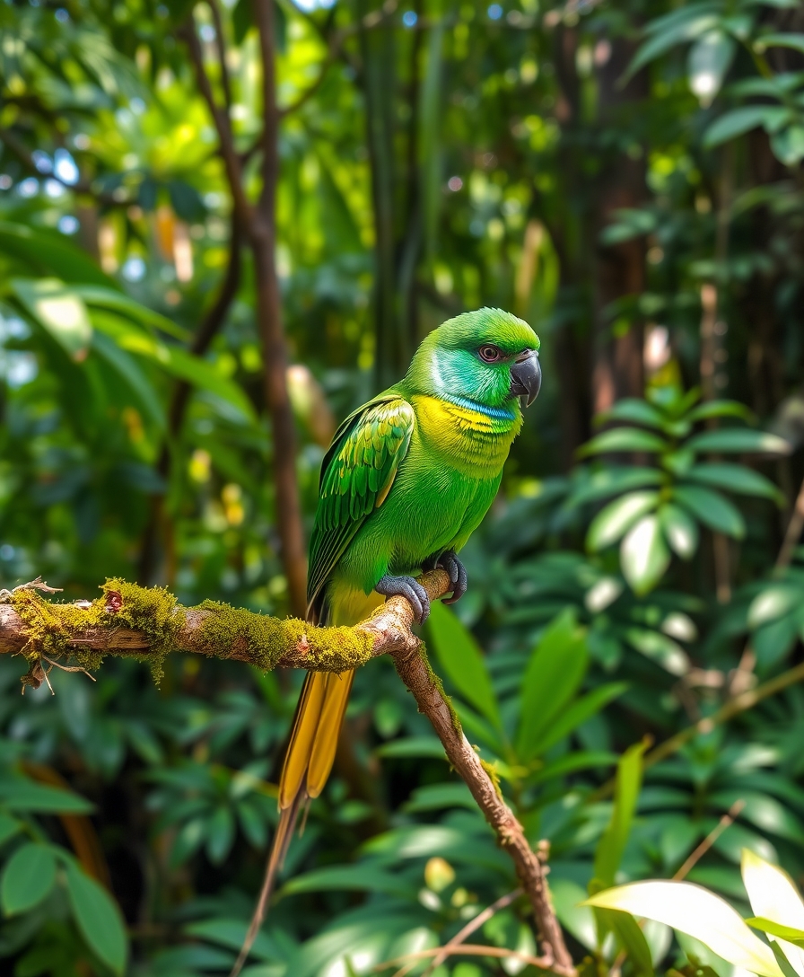 A vibrant emerald green bird with iridescent feathers, perched gracefully on a moss-covered branch in a dense, lush South American rainforest. The sunlight filters through the canopy, casting dappled light on the bird's plumage, highlighting its vibrant colors. - Image