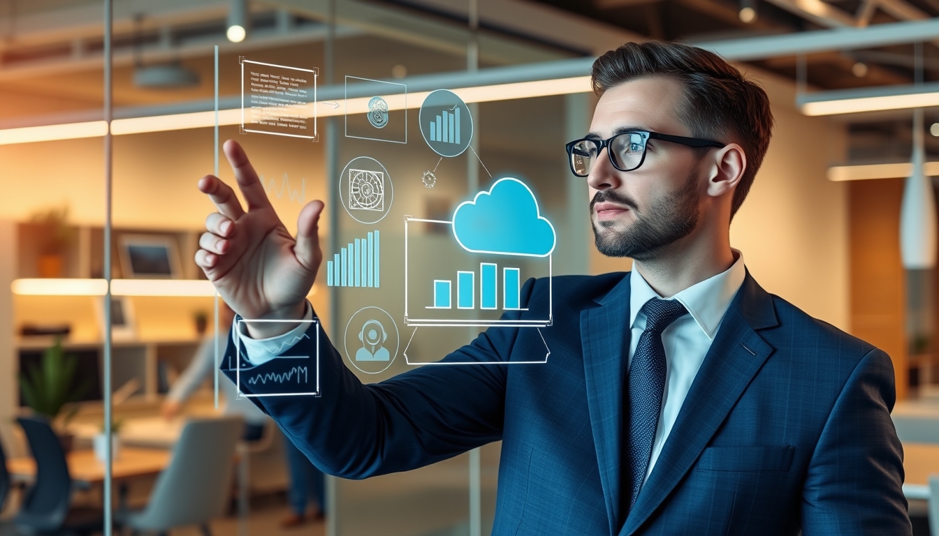 Businessman using advanced digital transformation technology on transparent interactive touchscreen display in modern office, showcasing data analytics, cloud computing, and innovative business solutions. - Image