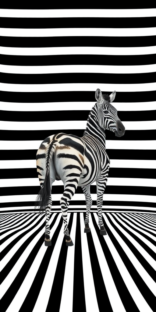 A captivating optical illusion of a zebra standing against a mesmerizing backdrop of alternating black and white horizontal stripes. The zebra's pose, with its curved body and head tilted towards the top-right corner, creates an illusory sense of motion amidst the static pattern. The stripes rise from the bottom, giving the impression of an infinite upward journey, merging art and perception in a visually striking manner. - Image