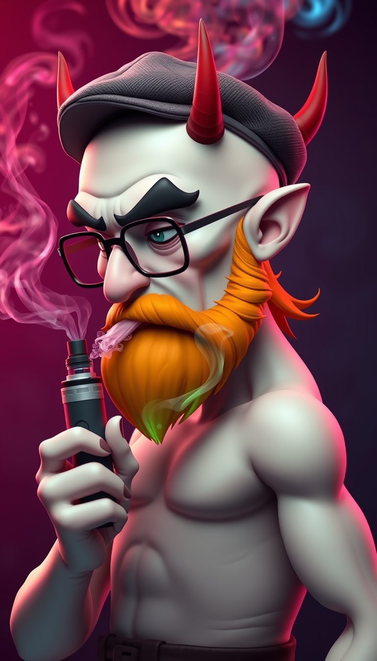 Three-quarter view of a sinister, bald cartoon human male with necromancer lich features. Demonic horns, short fiery ginger beard contrasts with dark eyebrows. Wears a weathered flat cap and aviator glasses. Clutches a sleek vape mod, exhaling dense, swirling vapor clouds. Vibrant, e-liquid drips off his pale skin, creating a colorful aura. 3D rendered.