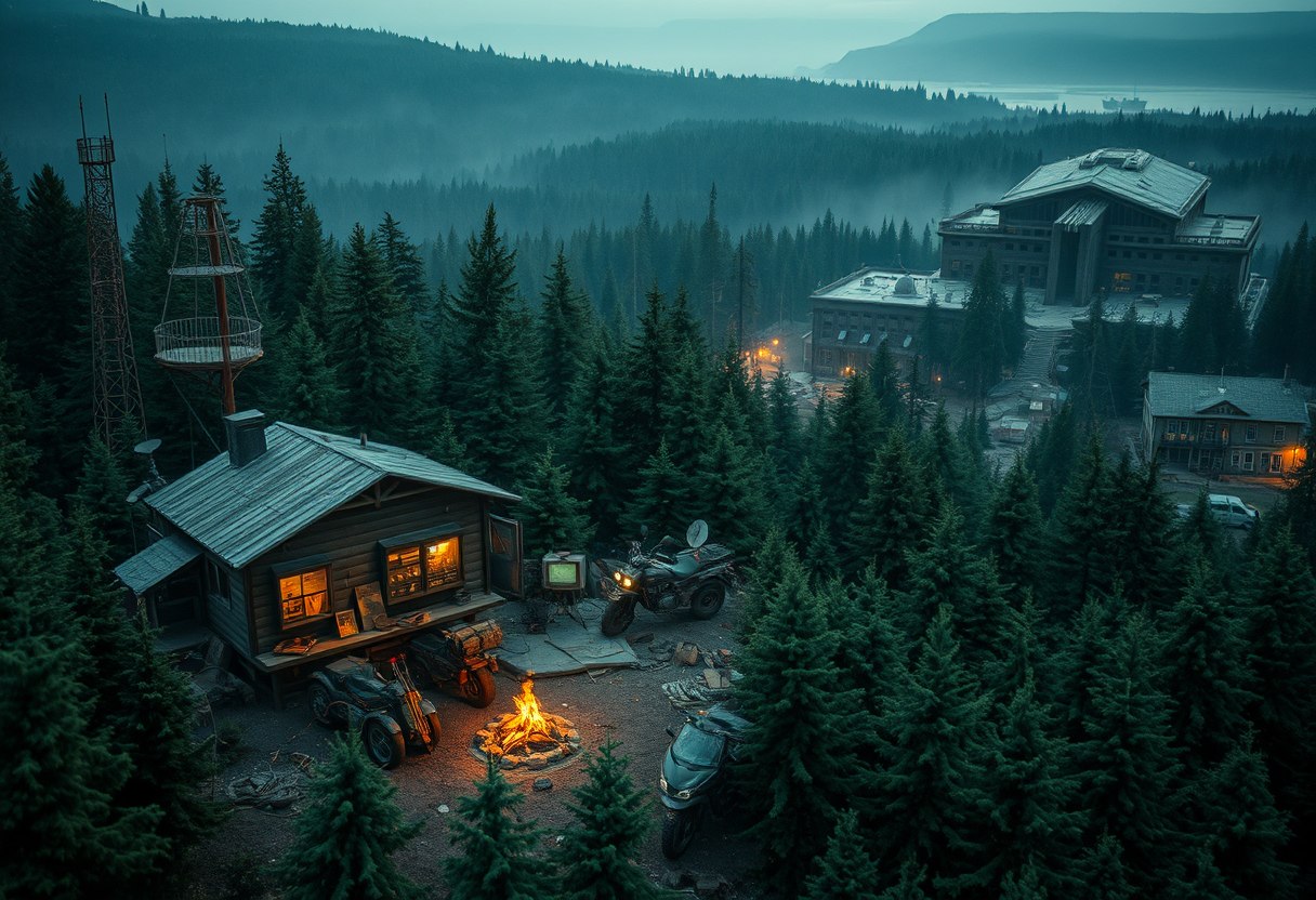 Photo realistic drone shot in a thick evergreen forest of a wooden outpost next to a cabin, a small campfire, a pile of rusty parts, some old motorbikes, an old makeshift armored vehicle mounted with a large machine gun and a makeshift rocket launcher, and a wooden watchtower all on a large hill with satellite dishes next to a radio tower, all in a hilly landscape. There are yellow, orange, red and faint green glows emitting from the cabin and the outpost. In one of the windows of the outpost, a pile of old retro electronic parts is visible. In another window, retro monitors are visible with screens that emit a green glow next to a small set of reel tape computers. In the distance, there is a large brutalist structure with different colored glows coming from a couple of its windows, surrounded by some old military vehicles. In the distance in a different direction, there's an old overgrown town with brick buildings that's barely visible, with only faint glows emitting from a few of the windows and a small campfire barely visible. Sprinkled in the distance are small and slightly hidden outposts, old structures, radio towers, shacks, and watchtowers. The entire landscape is covered in a jungle of tall evergreen trees, with occasional wet gravel and rich dirt roads winding through. The weather is warm, rainy, and cozy under a cloudy sky with a post-apocalyptic atmosphere and retro liminal feeling to it. - Image