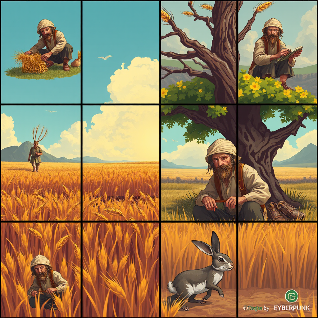 The image style is "cyberpunk," featuring an ancient farmer in a nine grid. The characters in each scene will all use the same farmer, ensuring that the face shape and clothing remain consistent throughout. Grid one is the farmer harvesting wheat. Grid two is the farmer sitting under a tree, a rabbit is rushing.