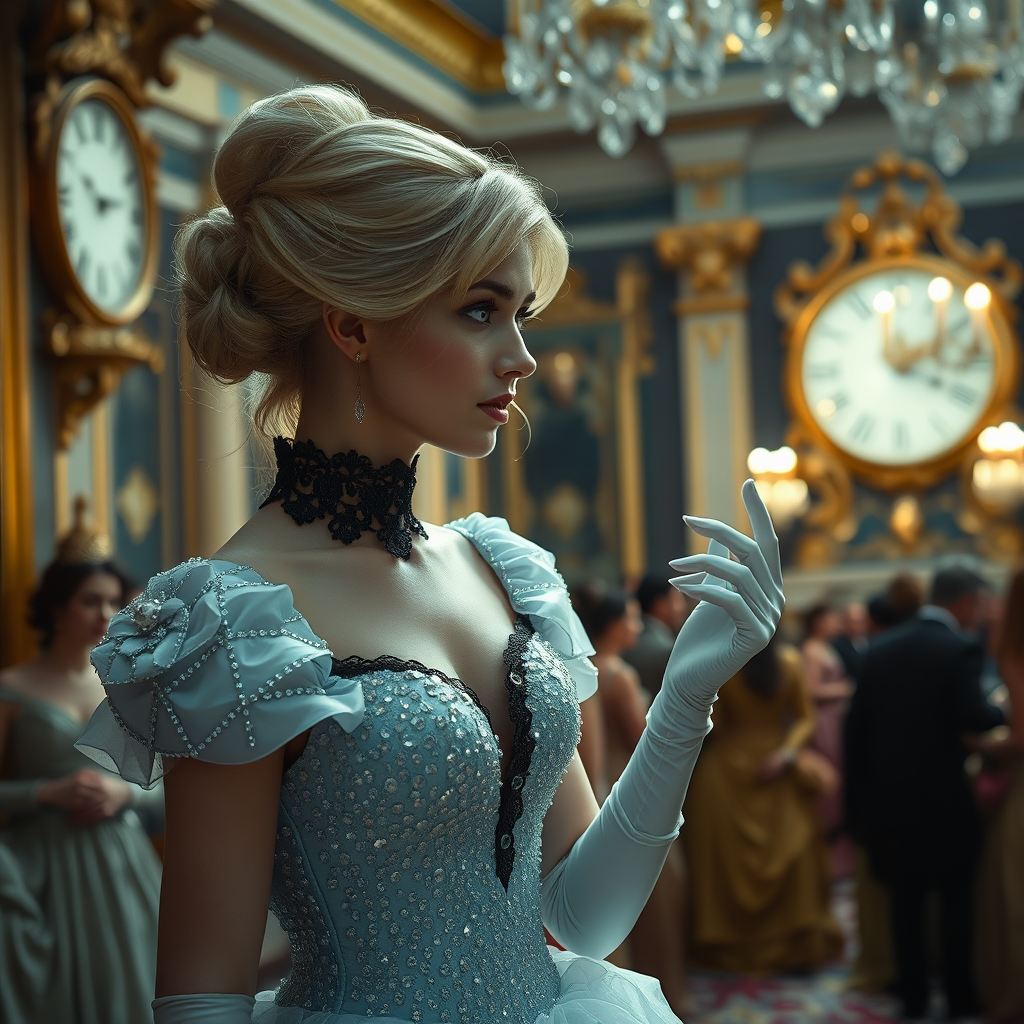 Blonde Cinderella is afraid, looking at a midnight clock. She is wearing a pearl pale blue magical gown covered in billions of shiny crystals, with black velvet lace around her neck, white long gloves, glass shoes, and her hair pulled up. It's night time. She is entering a palace ballroom full of people. The image has a depth of field, gray eyes, set in the 1700s. She has perfect hands, a perfect face, and perfect eyes. The photograph is realistic, in 8K quality, and set in England. - Image