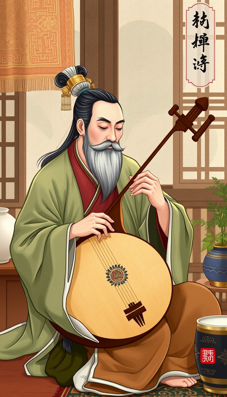 Illustration of an ancient Chinese musician, Gong Mingyi, playing a qin at home, serene expression, beautiful melody.