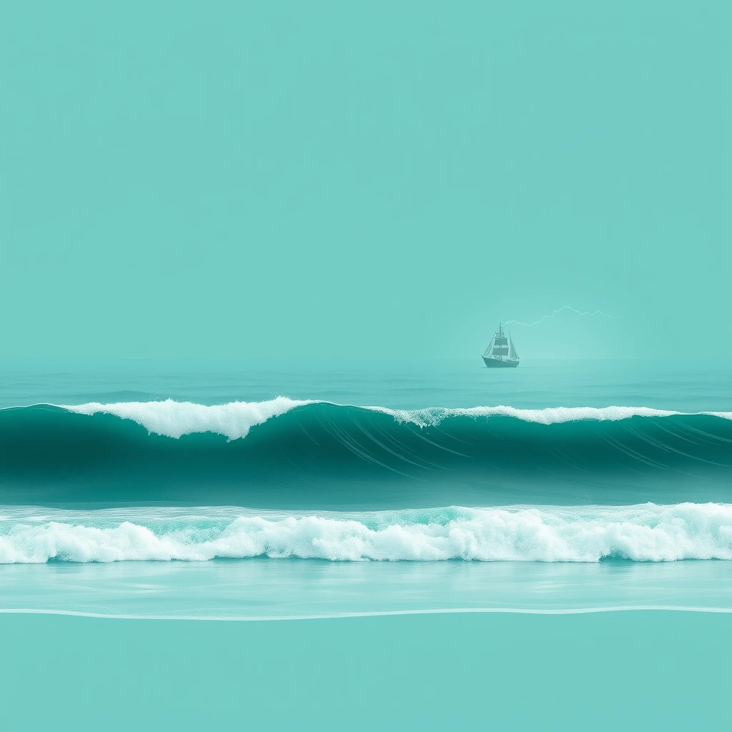 "Create a minimalist mobile wallpaper featuring a serene teal color palette. The design should showcase gentle ocean waves rolling in, with a small, elegant ship sailing across the horizon. Incorporate subtle lightning in the background, adding a touch of drama to the tranquil scene. The overall composition should evoke a sense of beauty and calmness, perfect for a mobile wallpaper."