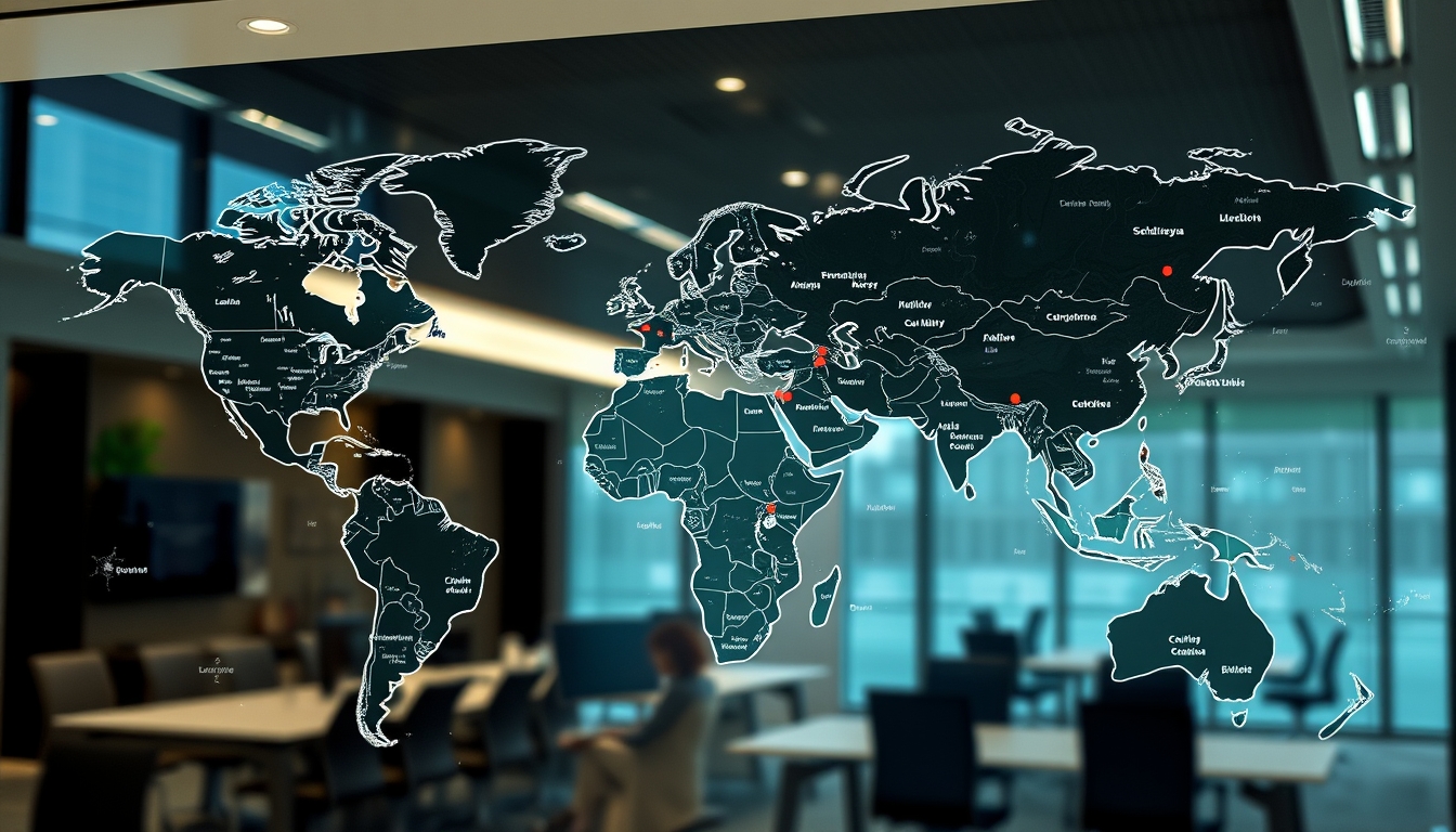 A detailed glass map of the world in a high-end office, highlighting various locations.