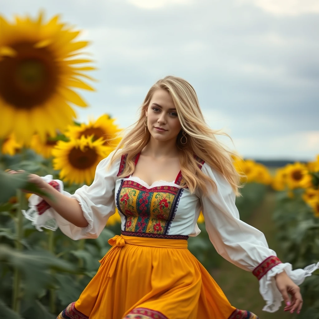 A Ukrainian woman dancing in a sunflower field, 20 years old, blonde, with light in her eyes, (Ukrainian traditional costume: 1.4), Style by Rick Remender, Motion blur, Movement, Full body, Award-winning work. - Image