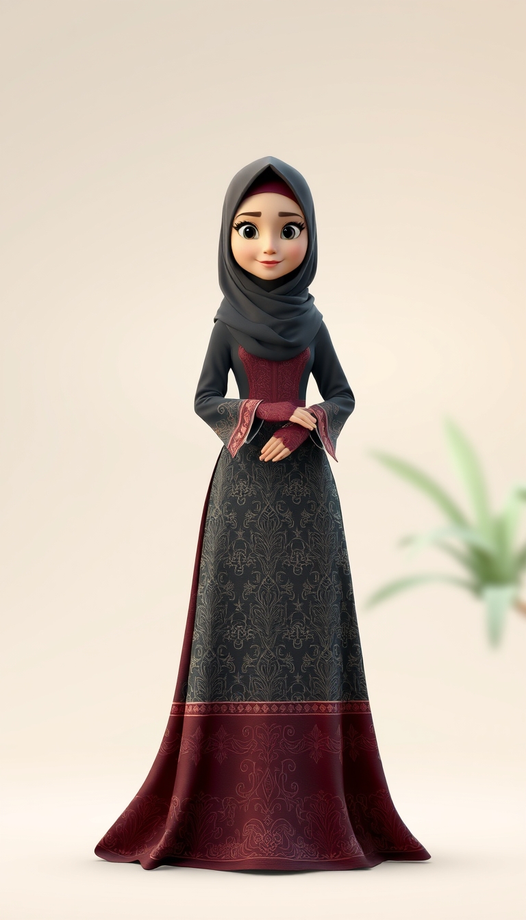 Create a 3D, 8K animated cartoon of a Muslim woman from Palembang wearing a long traditional songket dress. She should have her hands covered with batik gloves. The image should capture the elegance and cultural richness of the attire. - Image