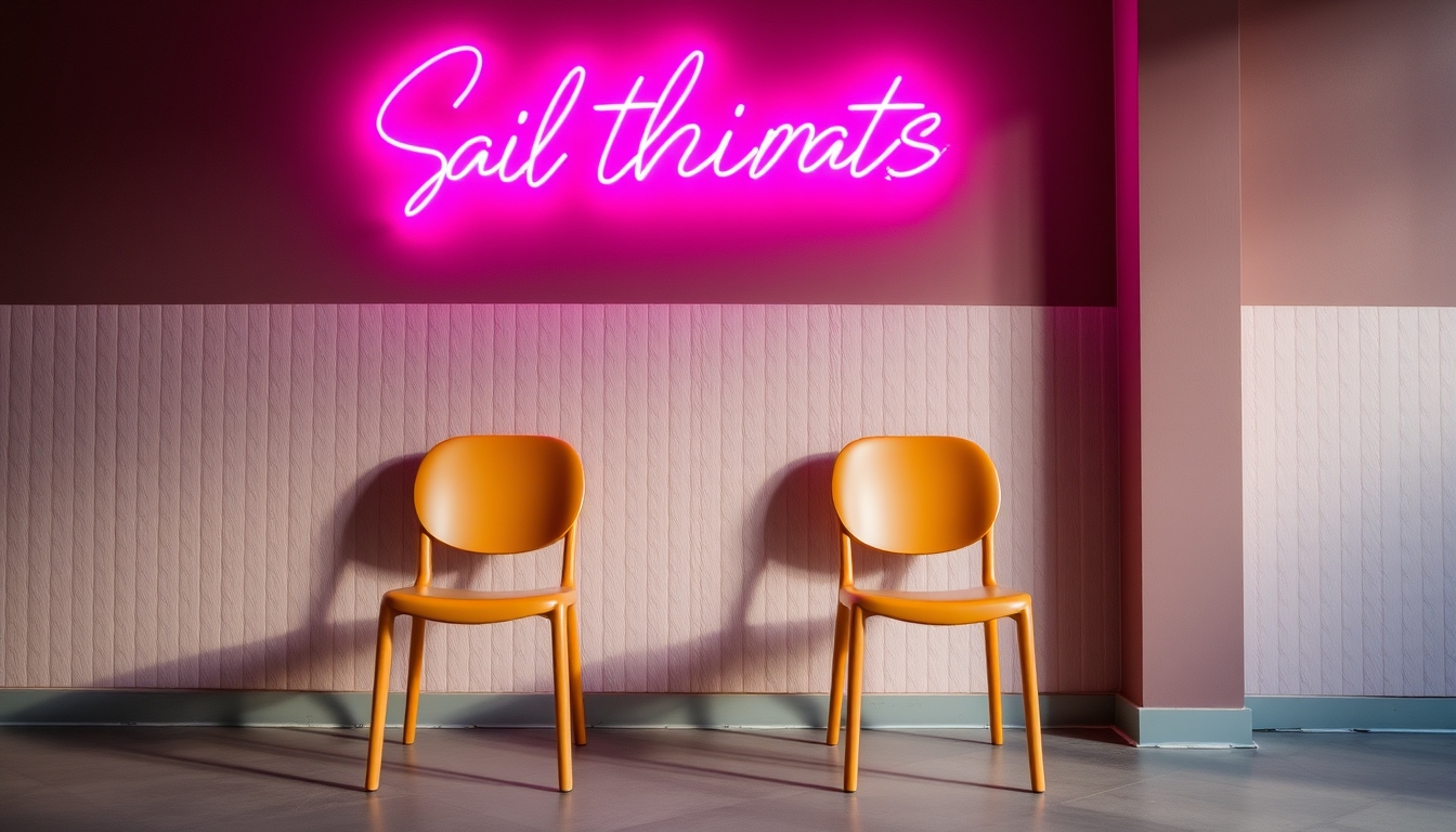 Two chairs are sitting in front of a wall with neon lights.