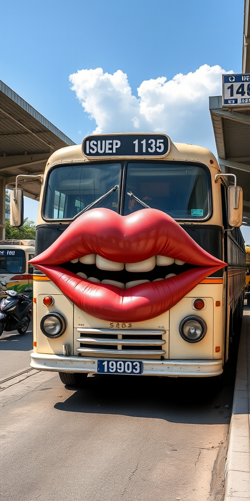 Surreal and whimsical image featuring a vintage bus parked at a bus station. The bus has a cream-colored exterior with a slightly weathered look, and the number '1903' is displayed on the front. The most striking feature is the large, exaggerated set of lips and teeth superimposed on the front of the bus, resembling a face with headlights as eyes and giving it a cartoonish and humorous appearance. The bus station has a covered area with a high roof, and there are other buses and motorcycles visible in the background. The bus destination sign reads 'ISUEP SIP 135' in white text on a black background. The overall scene is bright and clear, with a blue sky and some clouds visible. - Image