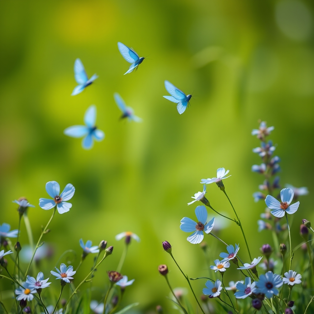 Flying blue flowers border backgrounds blossom nature. - Image