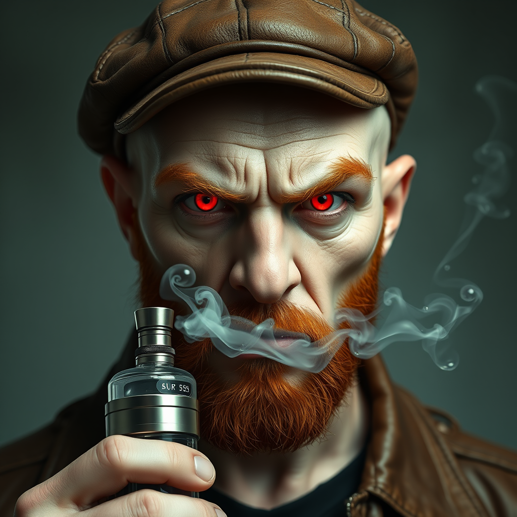 Hyper-realistic three-quarter portrait of a demonized white male, bald with meticulously detailed ginger stubble, donning a worn leather flatcap. Piercing red eyes gleam as he exhales dense, swirling vapor clouds from an intricately designed chrome vapemod. Iridescent e-liquid droplets suspended mid-air. - Image