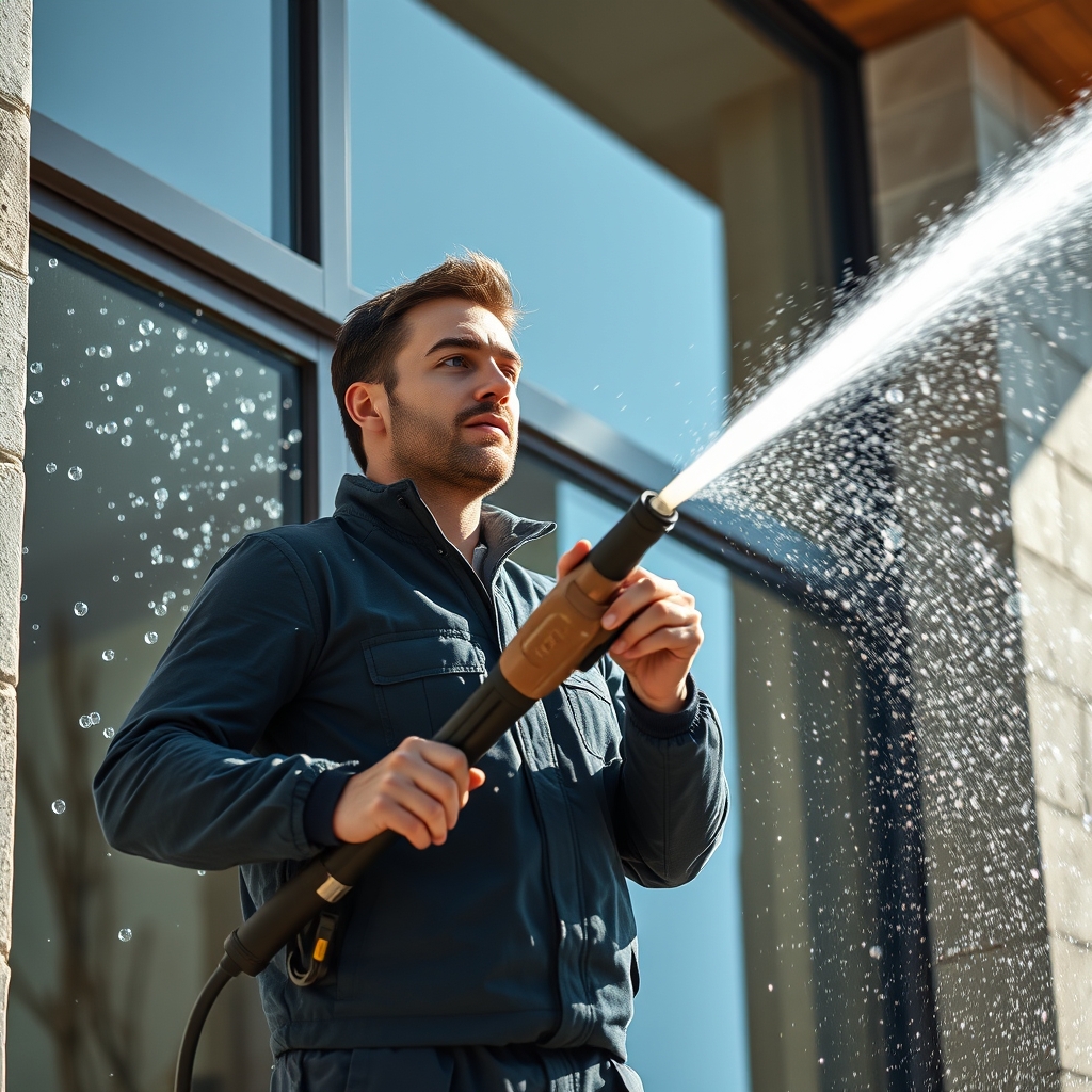 Photorealistic image of a man washing a building facade with a high-pressure washer. The scene should capture the man in action, with water spraying and soap bubbles highlighting the cleanliness of the building. Focus on his concentrated expression, the modern design of the pressure washer, and bright sunlight reflecting off the clean facade.