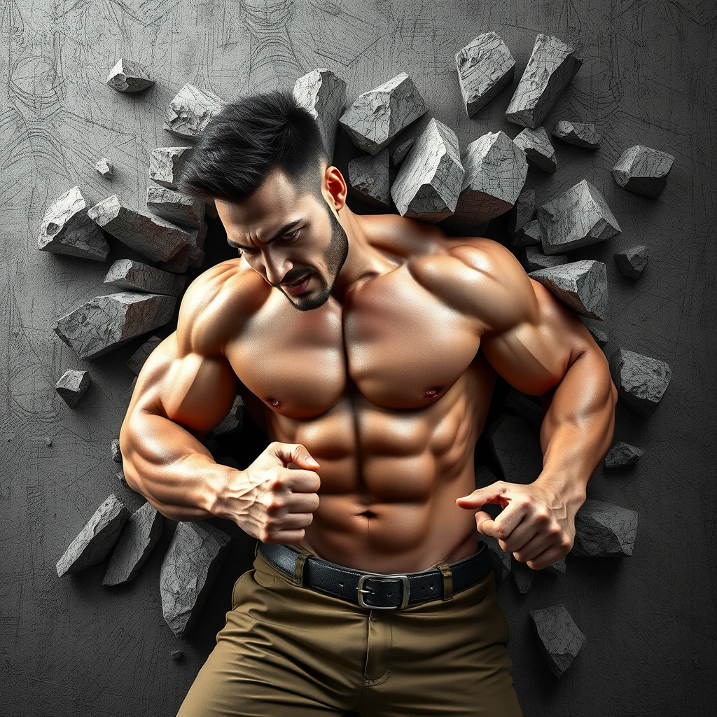 8k super high quality 3d image of a muscular man smashing through a wall destroying it.