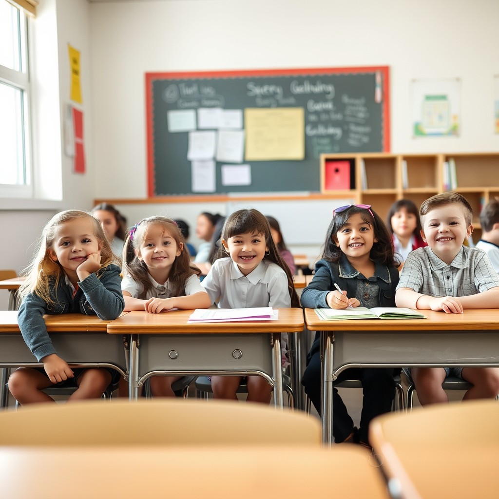 "Take a photo: Children of a 5th grade are sitting in their classroom on their first school day after the summer holidays and are curious about what to expect."