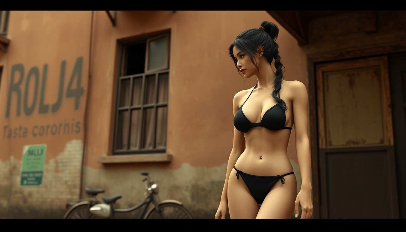 3D cinematic rendering, tied hair brunette wearing black bikini, 1949, old building