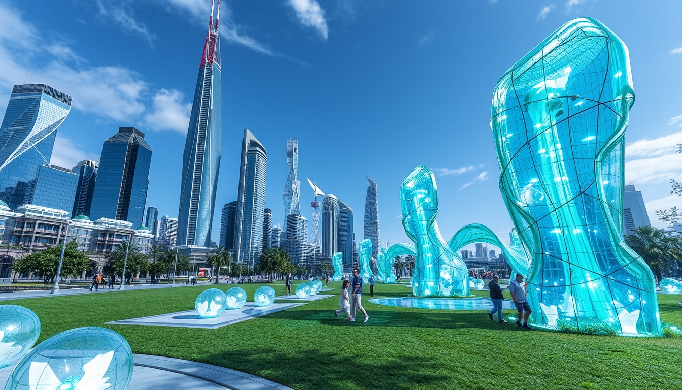 A futuristic city park with glass sculptures and interactive installations. - Image