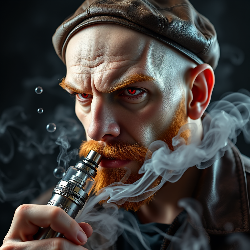 Hyper-realistic three-quarter portrait of a demonized white male, bald with meticulously detailed ginger stubble, donning a worn leather flatcap. Piercing red eyes gleam as he exhales dense, swirling vapor clouds from an intricately designed chrome vapemod. Iridescent e-liquid droplets suspended mid-air.