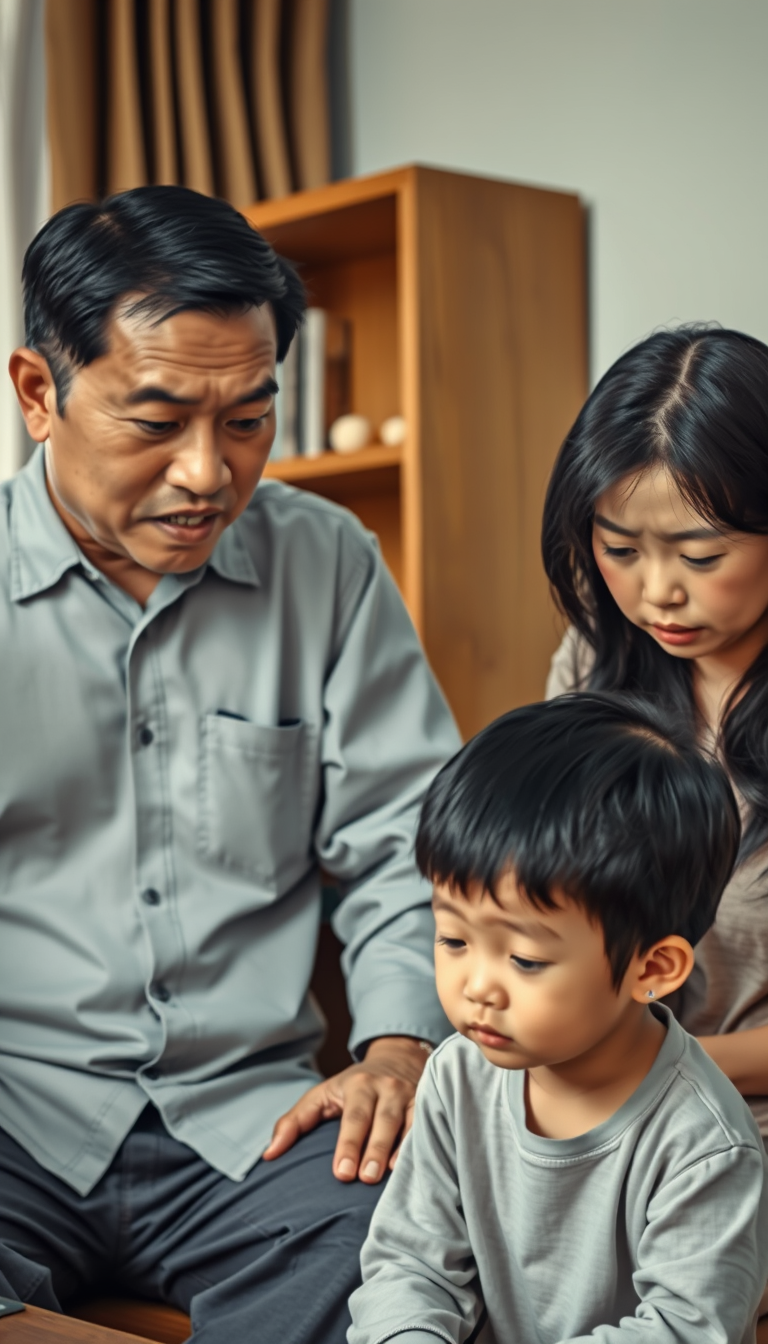 East Asian family, family members with repressed expressions, living room setting, parents scolding child, child looking down silently, tense family atmosphere.