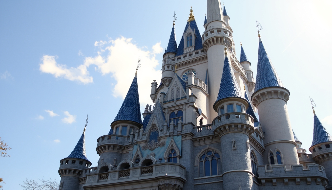 A whimsical fairy tale castle with glass turrets sparkling in the sunlight.