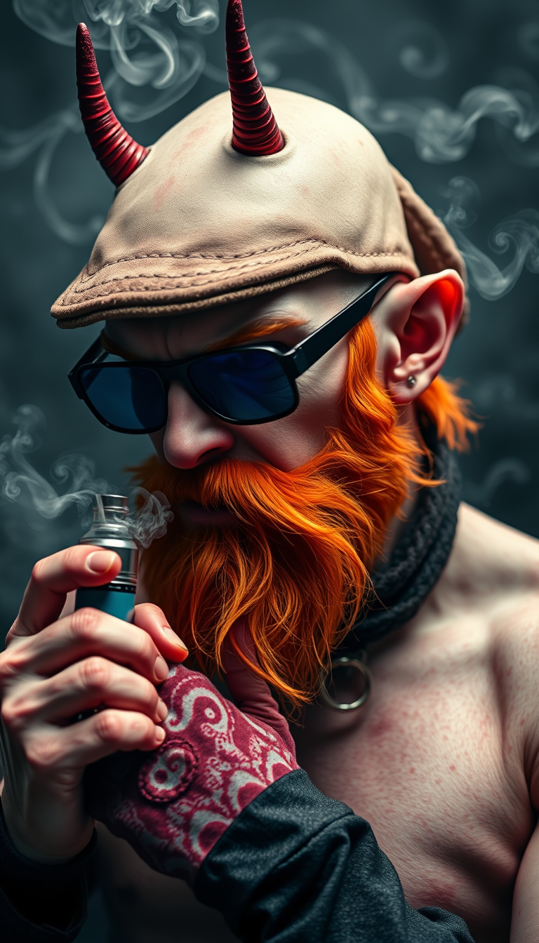 Three-quarter view of a sinister, bald human male with necromancer lich features. Demonic horns, short fiery ginger beard contrasts with dark eyebrows. Wears a weathered flat cap and aviator glasses. Clutches a sleek vape mod, exhaling dense, swirling vapor clouds. Vibrant e-liquid drips off his pale skin, creating a colorful aura.