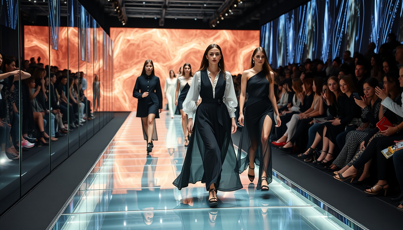 A high-end fashion show with models walking down a glass runway.