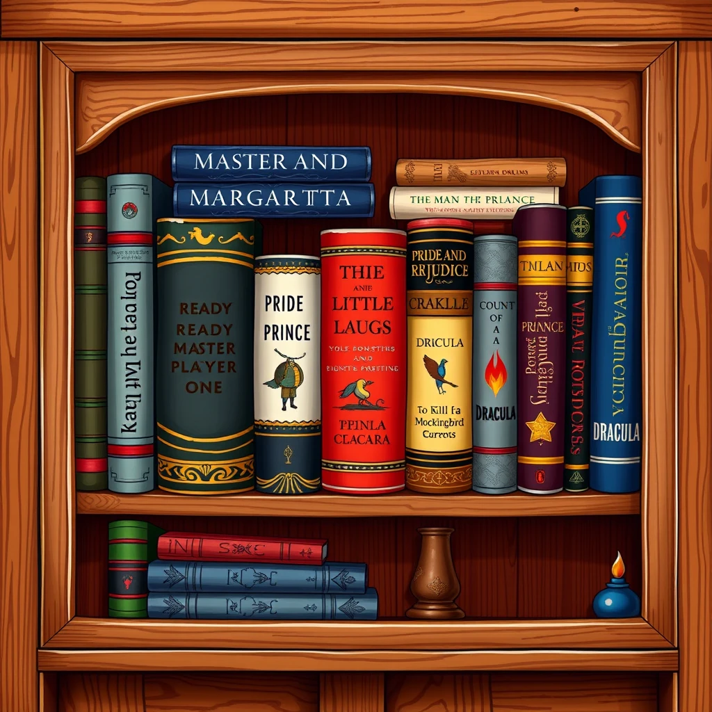 Illustration of a beautiful wooden bookcase filled with 7 books with these titles: "Master and Margarita; Ready Player One; The Man Who Laughs; Pride and Prejudice; The Little Prince; The Count of Monte Cristo; To Kill a Mockingbird; Dracula". Detailed, realistic, vibrant colours. - Image