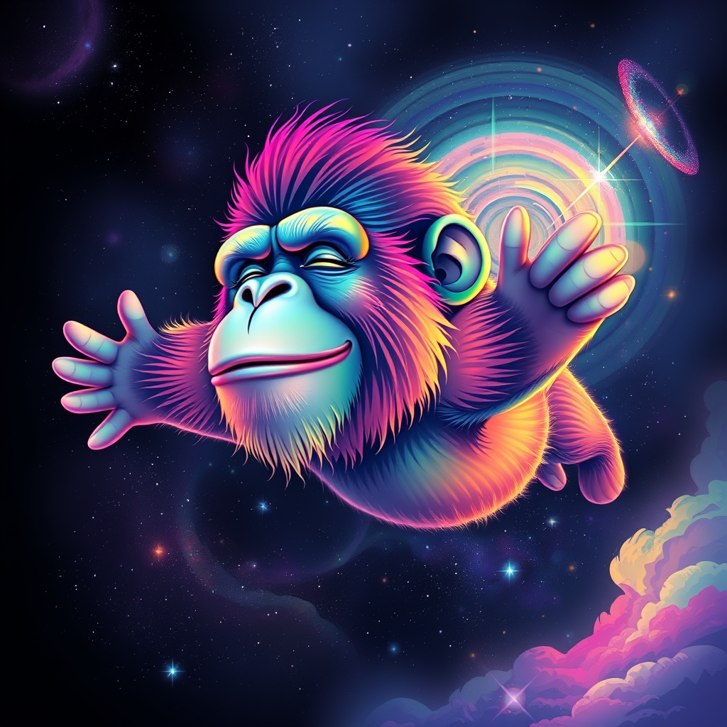 A captivating digital painting of a happy ape soaring through a dreamy, cosmic landscape. The ape sports a vibrant rainbow color palette, with flashes of color interspersed throughout the scene. The background features a starry cosmos with swirling galaxies and nebulas. The ape's eyes are closed, exuding a serene expression, while its serene smile is a testament to its peaceful state. The glitchy edges, fading to black, add a unique and striking touch to the design. The subtle acid rainbow cubic glitch effect adds depth and visual intrigue to this mesmerizing, dreamy tee shirt design. - Image