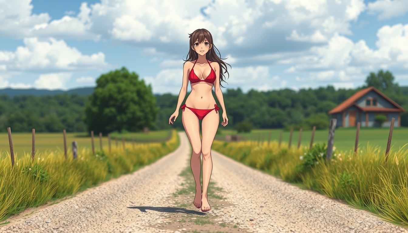 A beautiful adult bikini girl walking on a gravel country road, anime style, barefoot, smiling.