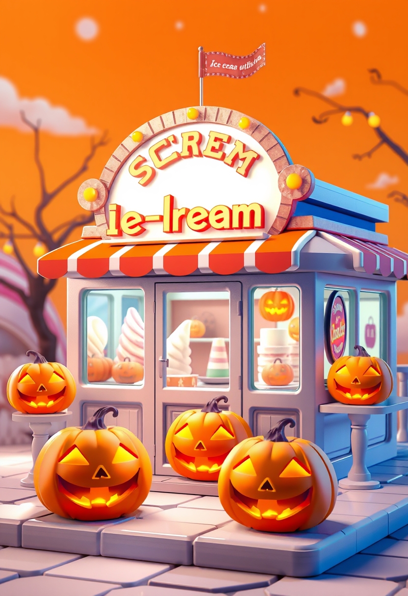 Ice cream parlor with jack-o'-lanterns, festive Halloween theme, 3D illustration. - Image