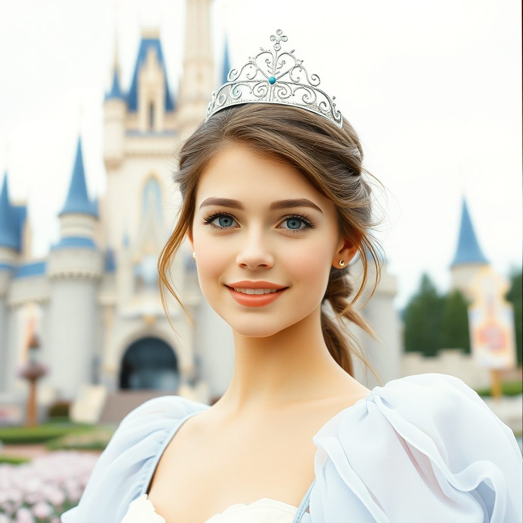 Fashion Editorial. Castle and floral edition, analog fashion portrait. Portra 400 high dpi scan. Very beautiful top model young, twenty years old as Disney princess Cinderella, tender smile, open gray eyes, Disney Cinderella castle as background, sepia pastel colors, morning soft light.