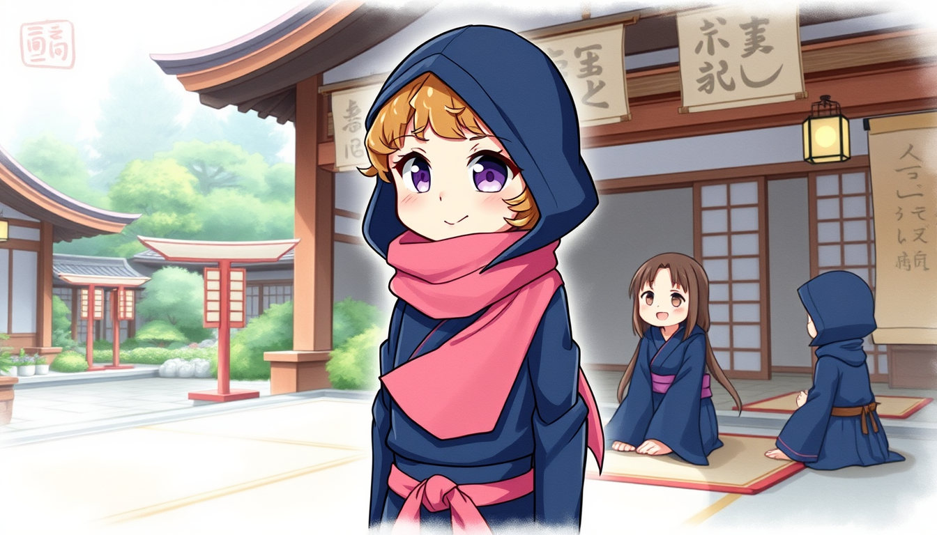 Style: soft watercolor, gentle brushstrokes, pastel hues, dreamy atmosphere, fluid blending,  
Teacher Yamamoto: female ninja character with a friendly expression, featuring large expressive purple eyes and a small, smiling mouth. The character has short, curly light brown hair styled under a dark navy blue ninja hood. She wears a navy blue ninja outfit with a pink scarf wrapped around her neck, giving her an adventurous and lively appearance,  
Setting: she is demonstrating a transformation technique to appear as an elderly woman. Three attentive and joyful female students watch closely. The scene takes place in a ninja school surrounded by traditional Japanese architecture and lush gardens, with scrolls and ninja tools scattered around. The main character stands confidently, showcasing the transformation, while the students sit on tatami mats, eyes wide with fascination.  
Parameters --ar 3:2 --style raw --stylize 300 --niji 6 - Image