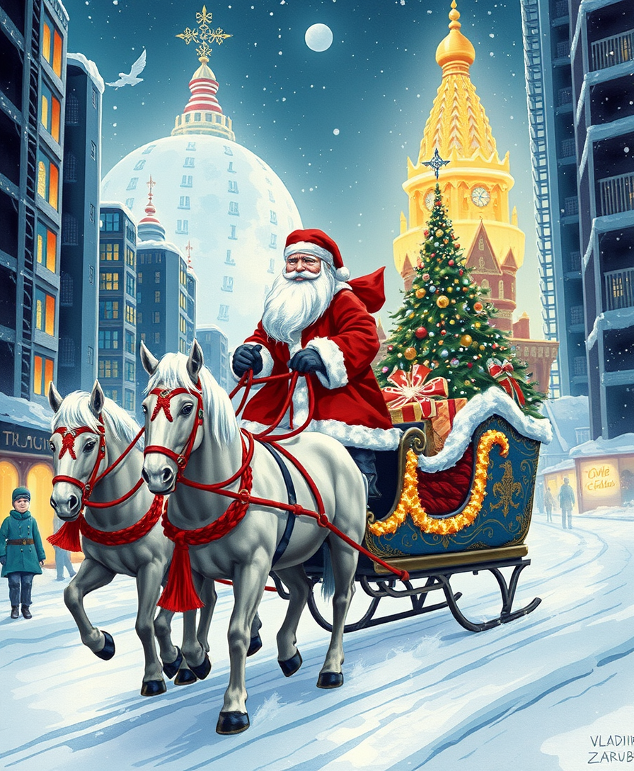 "Russian Snow Grandfather rides in a festive sleigh pulled by three horses through a futuristic city decorated with Christmas lights. Illustration by Vladimir Zarubin."