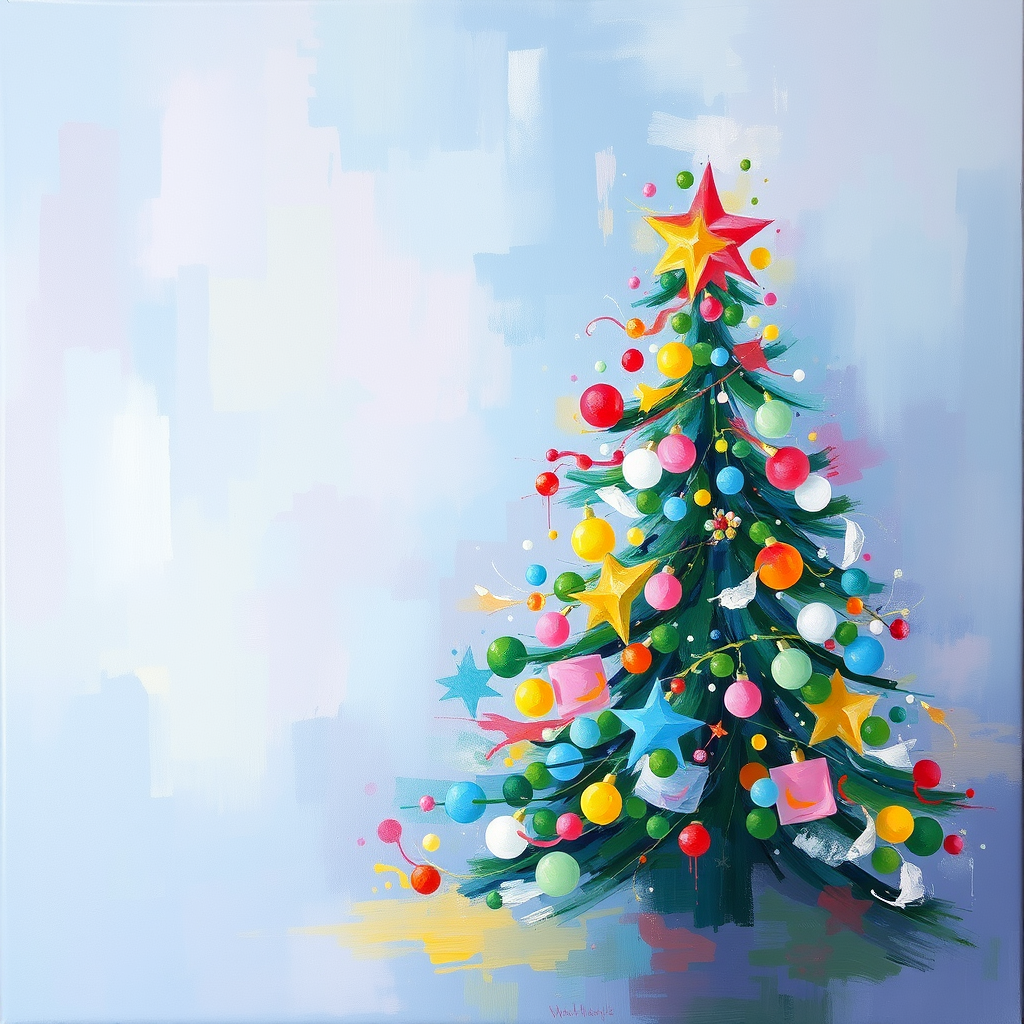 Abstract oil painting of Christmas tree, pastel colors splash. - Image