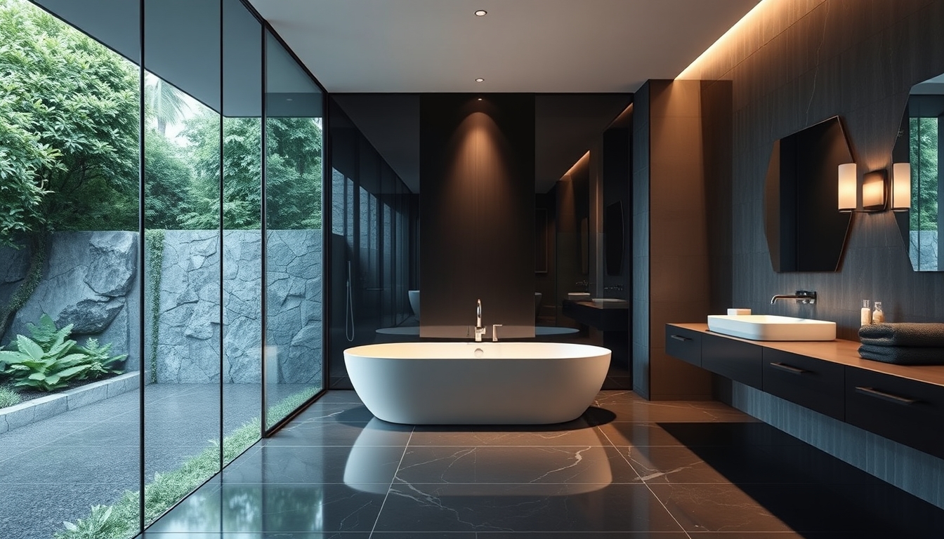 A sleek modern bathroom with glass walls and a luxurious soaking tub.