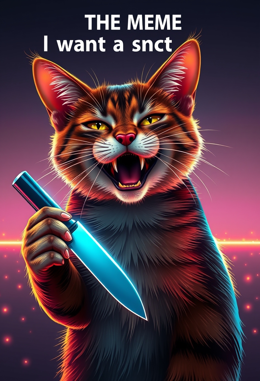 THE MEME message "I want a snack", action-packed grin smile cat with knife in hand, reflecting in neon glow edge, glowing, sparks horizon, detailed mirroring horizon reflecting polychromic space, straight lines, winning award digital art, high detailed.