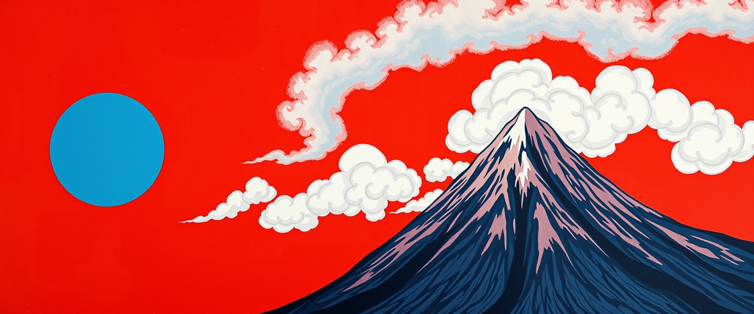 Japanese style painting, red sky, blue sun, tall mountain, beautiful cloud, detailed. - Image