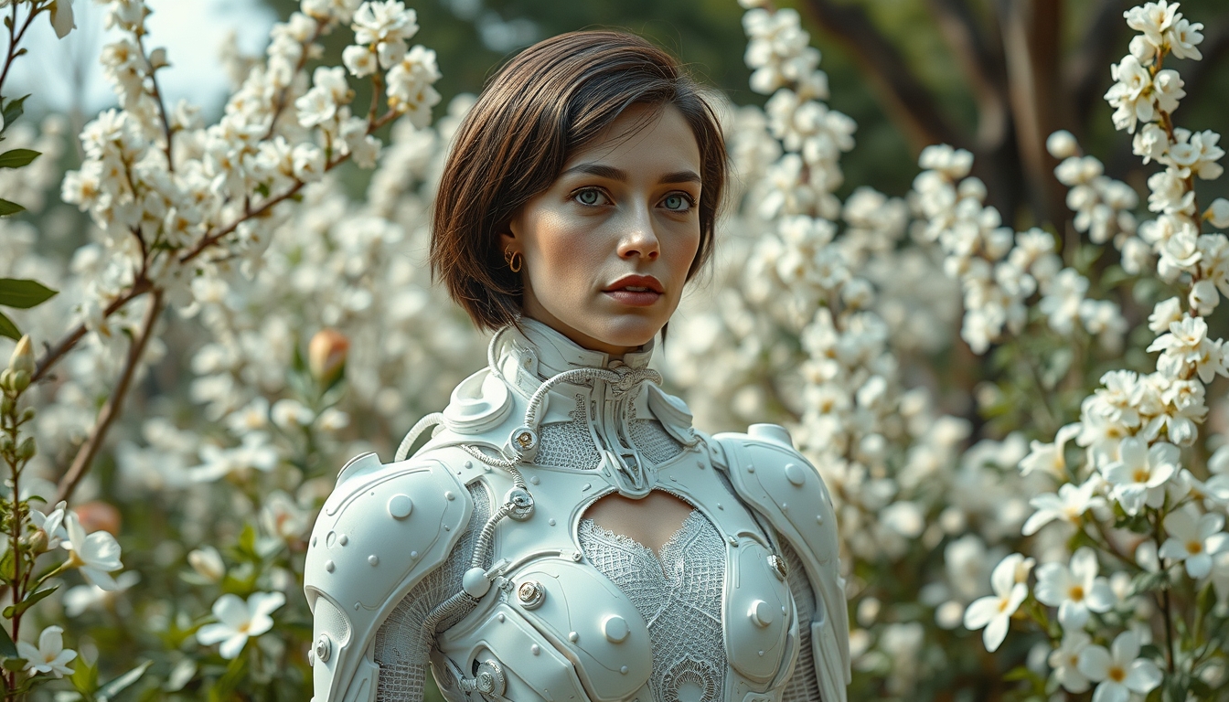 An interpretation of a cyborg white brunette European woman (brunette short hair) wearing a white and transparent electronic suit made of electronic white pieces intertwined with white flowers and lace, in the middle of a futuristic Renaissance Italian garden, in the style of mechanical realism, human connections, mythological subjects, Cybele mythological figure, painting like Giovanni Bellini --chaos 10 --ar 16:9 --stylize 150.