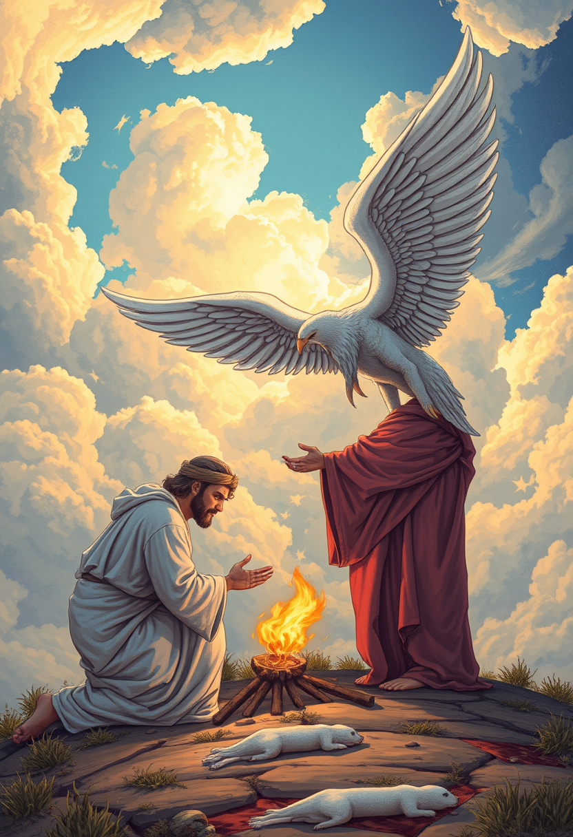 "Illustrate the moment when Abraham prepares to sacrifice Isaac, with a dramatic sky and an angel intervening."