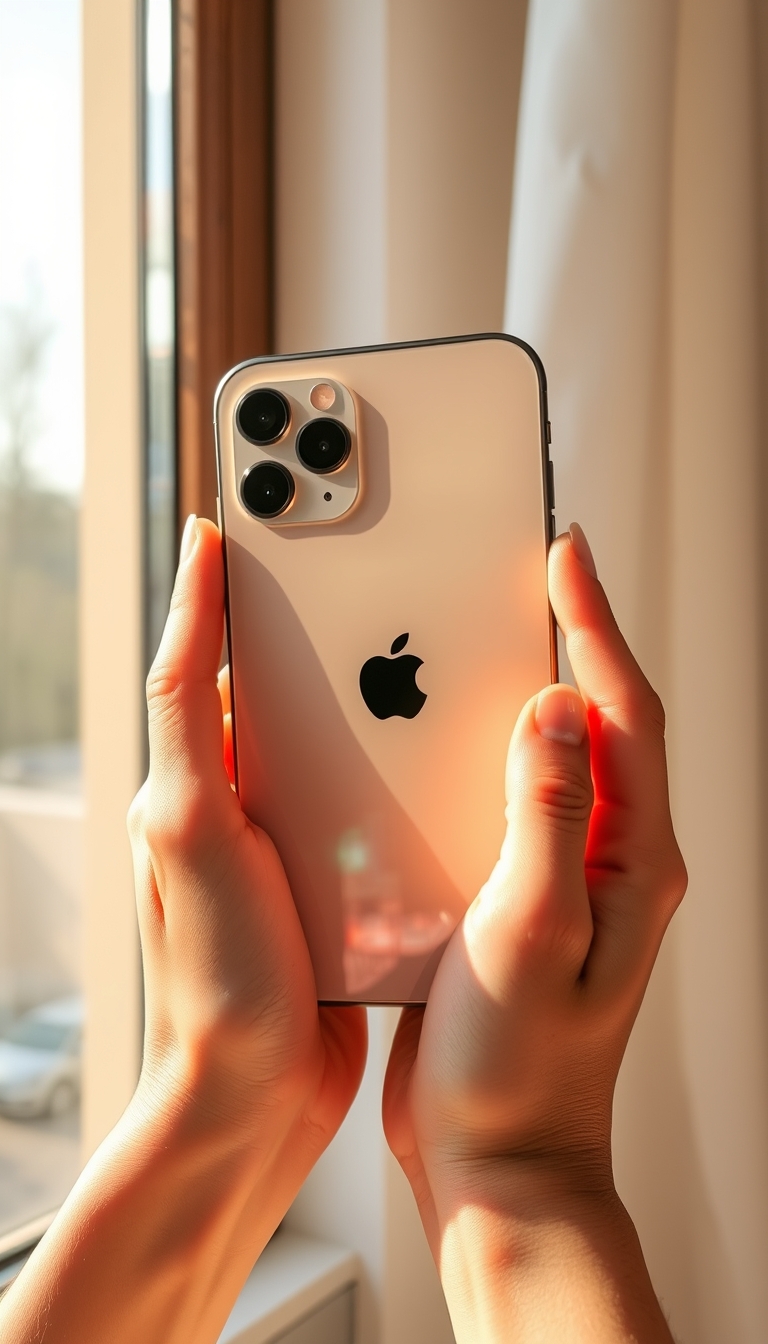 Her fingers are slender and her skin is fair and translucent. The sun shines on her hands and the back of the iPhone 15 from the window. A close-up of the iPhone 15 is held in both hands. No face needs to be shown.