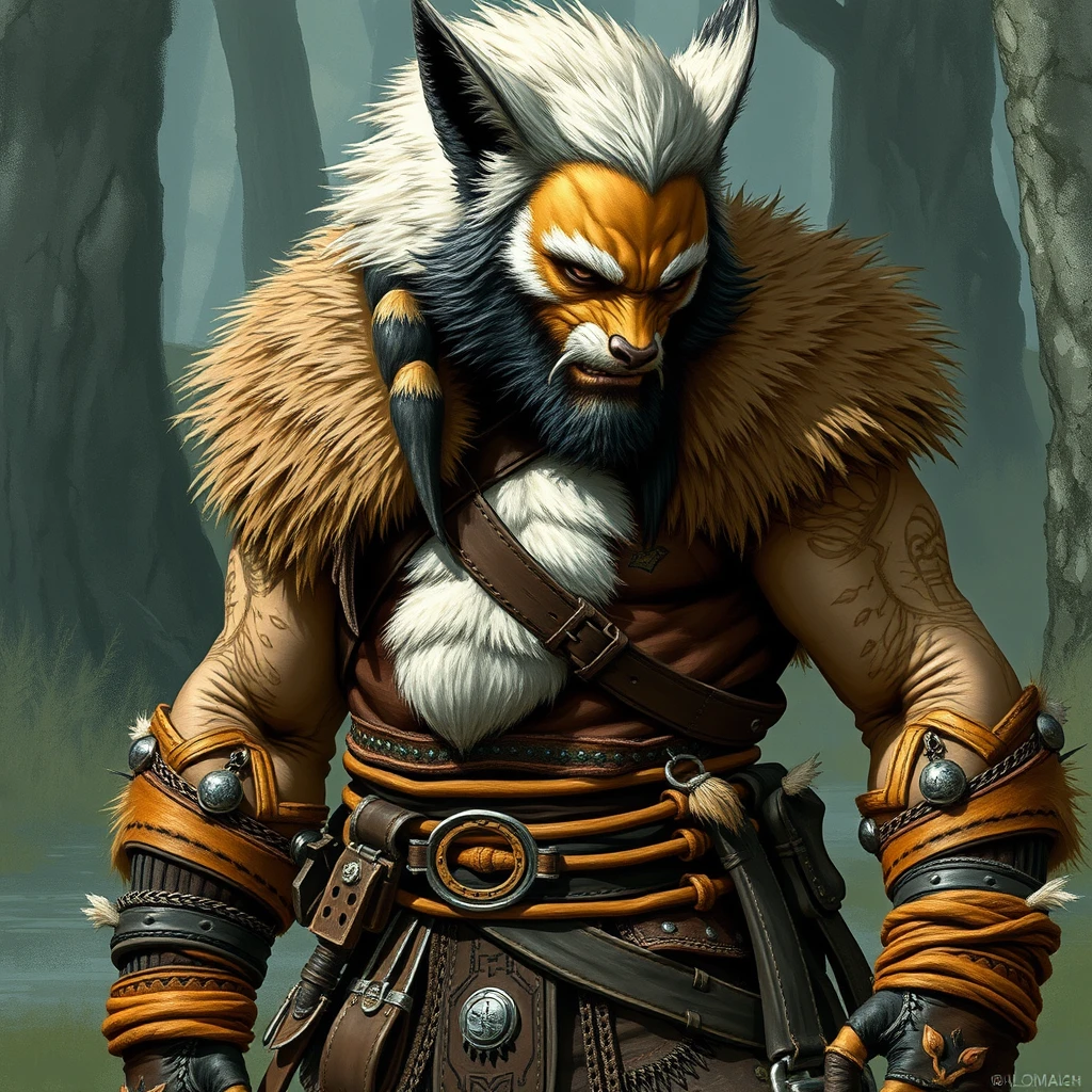 Dungeons & Dragons barbarian, clad in few belts of leather adorned with fur and tribal patterns. Color scheme and outfit is medieval version of Wolverine X-Men but redesigned to resemble an actual wolverine. A light-silvery facial mask is distinct in some individuals, and a pale buff stripe runs laterally from the shoulders along the side and crossing the rump. Prominent white hair patches on chest. The style is reminiscent of classic fantasy illustrations, with a touch of realism, showcasing the intricate textures and the wild nature of the scene. - Image