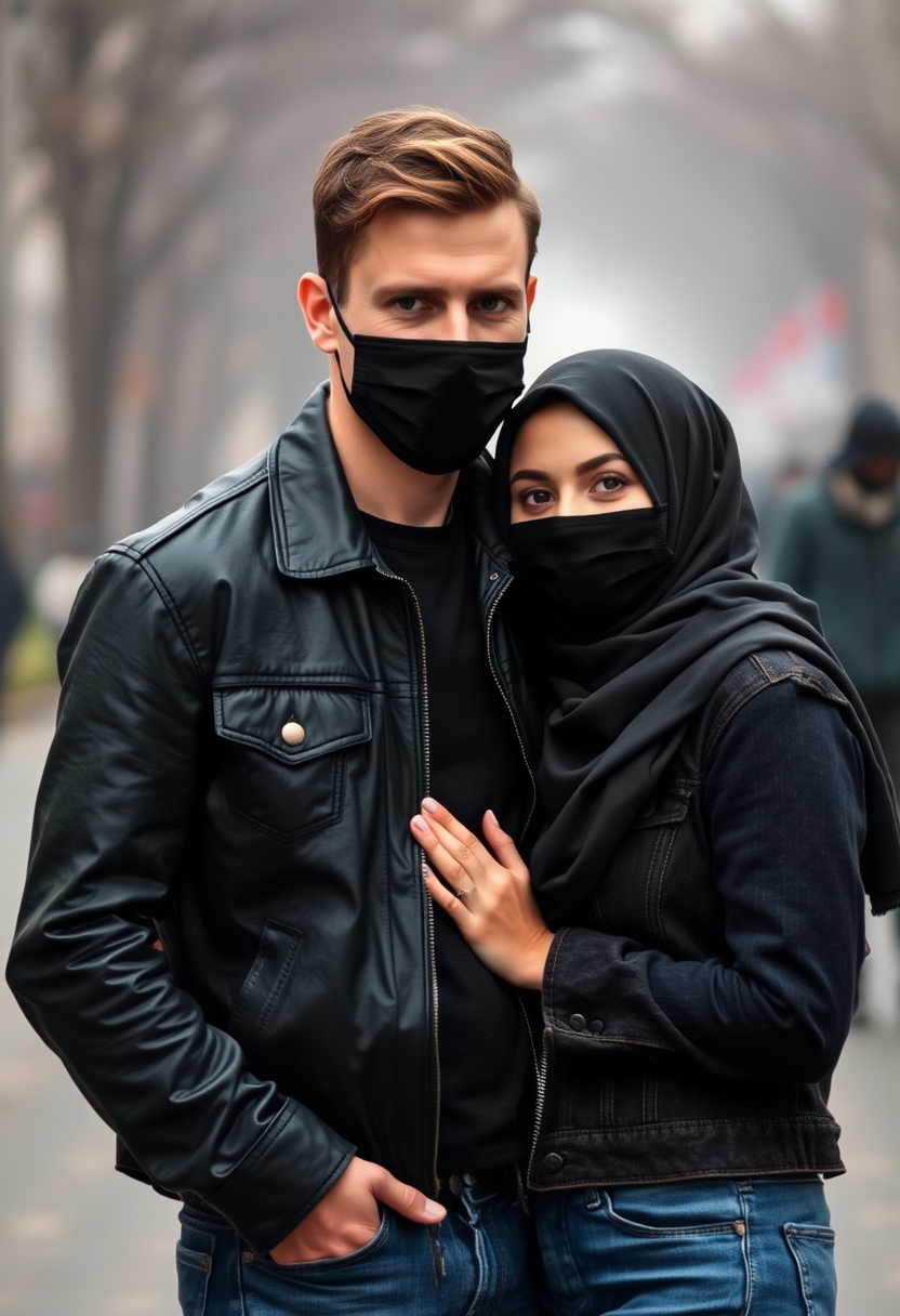 Jamie Dornan, handsome, black face mask, black leather jacket, jeans, dating, love couple with the biggest hijab Muslim girl, beautiful eyes, black face mask, jeans jacket, gloomy scenery, realistic, street photography. - Image