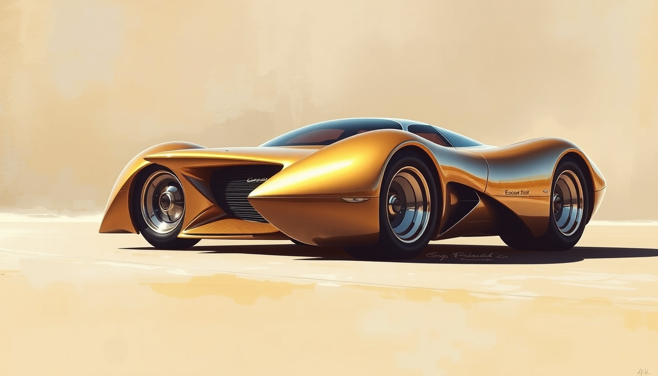 A futuristic exotic car concept, a painting by Syd Mead, 4k, detailed, circa 1970. - Image