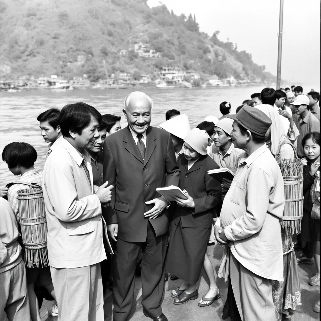 A black and white photo from the 1960s shows people chatting on a ship by the river in Sichuan Province, China. Among them is a very thin middle-aged male teacher in a Zhongshan suit, along with a high school boy holding a book. There are also many farmers with bamboo baskets on their backs. Everyone is very thin and dressed in rural clothing.