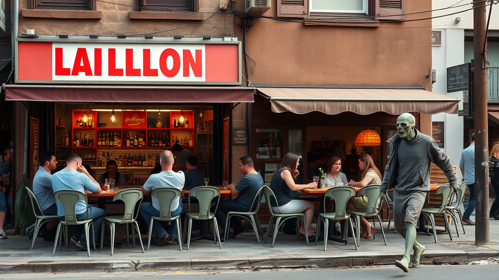 Real-life photography, wide shot: There are two small shops selling alcohol, with tables and chairs set up outside, where many young men and women are drinking and chatting. A zombie (like the zombies from Plants vs. Zombies) walks by.