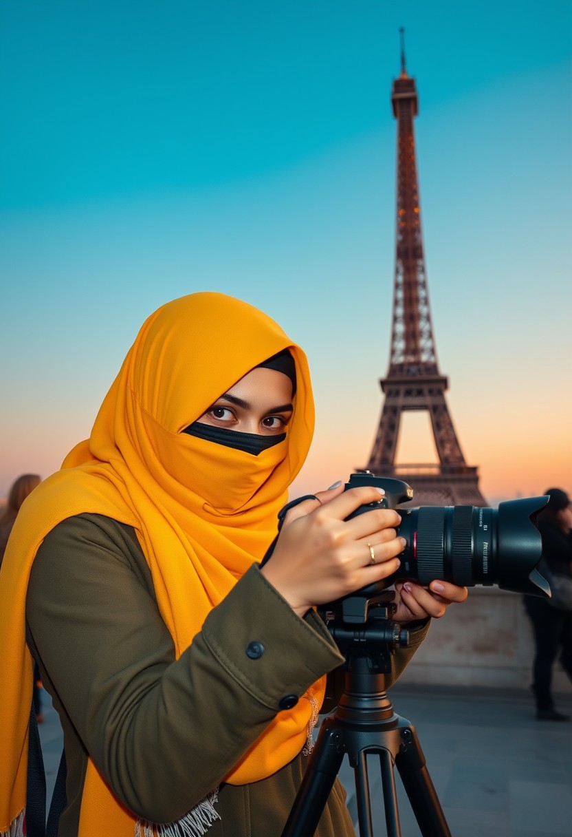 Biggest hijab yellow Muslim girl, beautiful eyes, face mask black, green army leather jacket, biggest skirt, camera dslr canon, tripod, taking photos of Eiffel Tower, sunrise, morning scenery, hyper realistic, street photography.