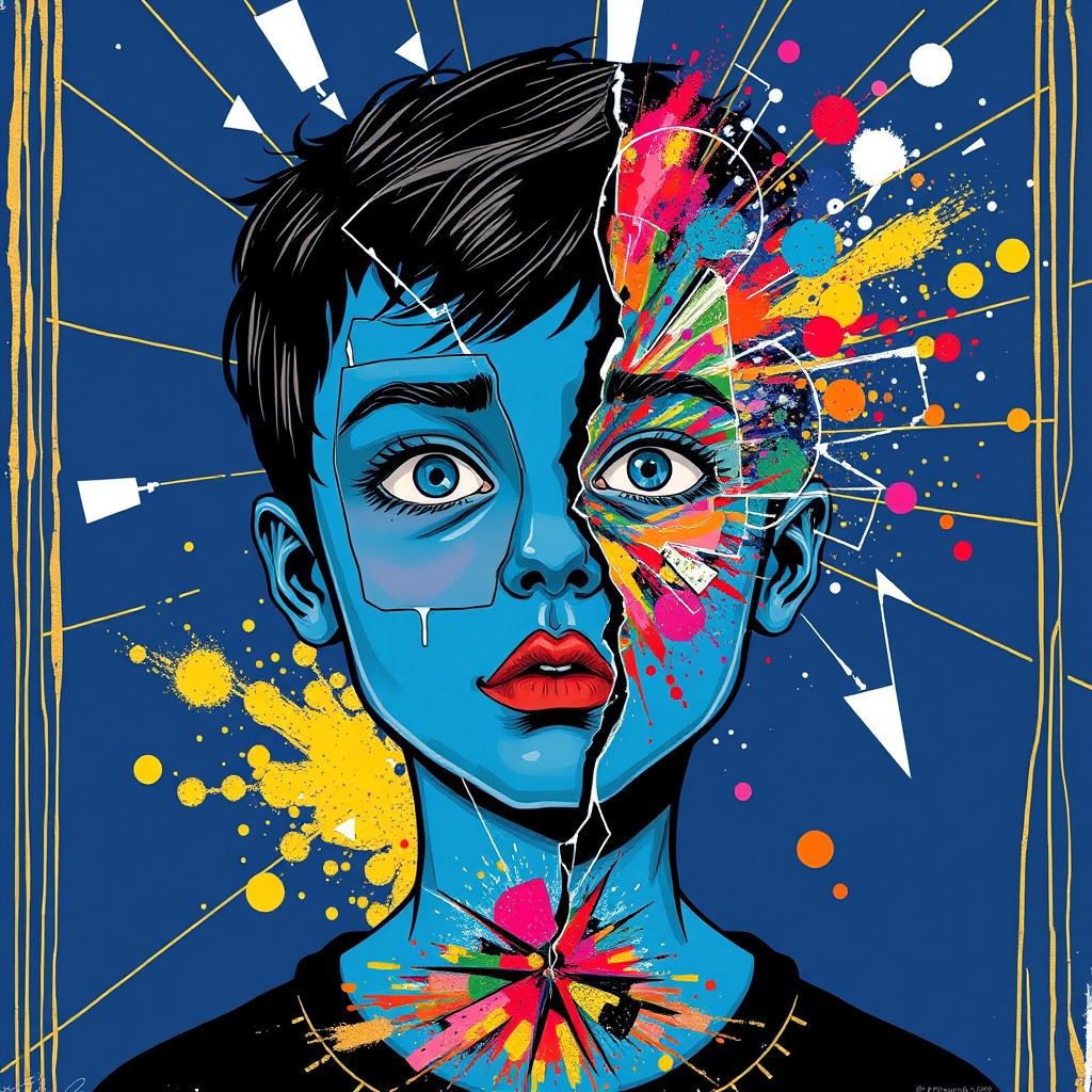 A boy with blue skin and an abstract broken face, surrounded by glass breakage and gold lines against a dark blue background, with a colorful explosion of spilled powder. Illustration style, Andy Warhol style, Picasso style.