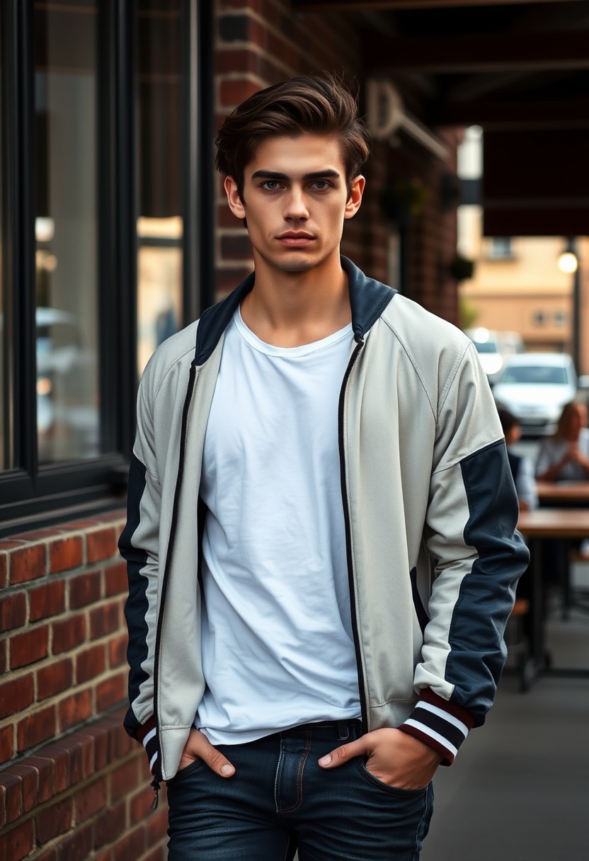 Christian Grey look-alike head and body shot, handsome young man, dark brown hair, serious expression, white T-shirt, college jacket, skinny jeans, sneakers, walking with style, near a café, hyper-realistic, street photography, brick wall, full body photo, morning scenery.