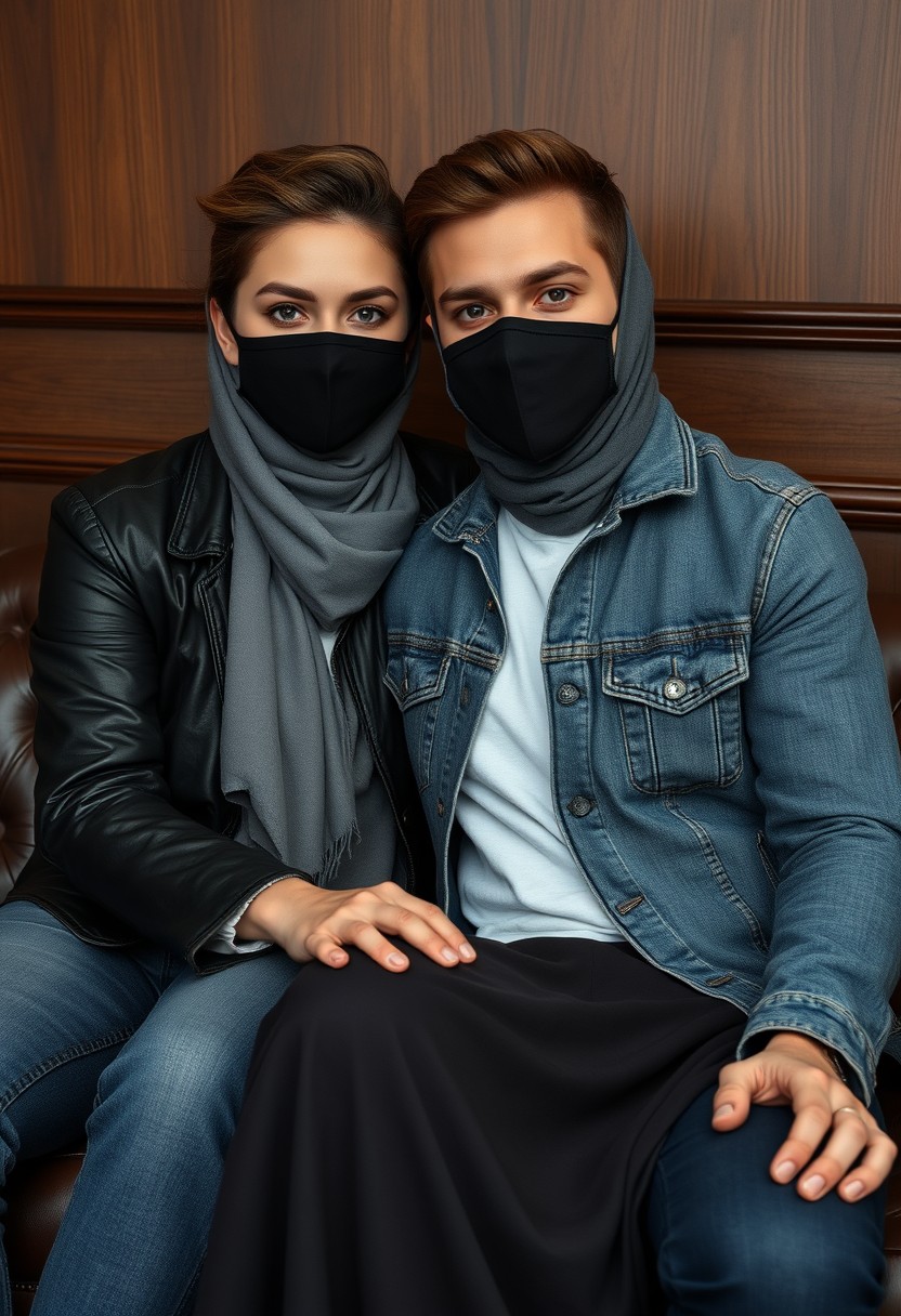 Jamie Dornan's head and body shot, handsome, black face mask, denim jacket, jeans, dating, couple, with the biggest gray hijab Muslim girl, beautiful eyes, black face mask, black leather jacket, largest skirt, hyper-realistic, studio photography, sitting on a classic leather sofa, wooden wall, selfie.